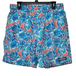 Vineyard Vines Mens Tropical Hibiscus Swim Trunks Blue Coral Pink Medium